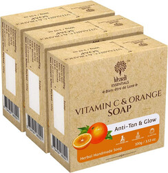 Khadi Essentials Vitamin C Herbal Handmade Bathing Soap for Nourishing, Anti-Pigmentation & Glowing Skin with Rose Mary & Orange Extract for Women & Men, Paraben Free, 100gm (Pack of 3)