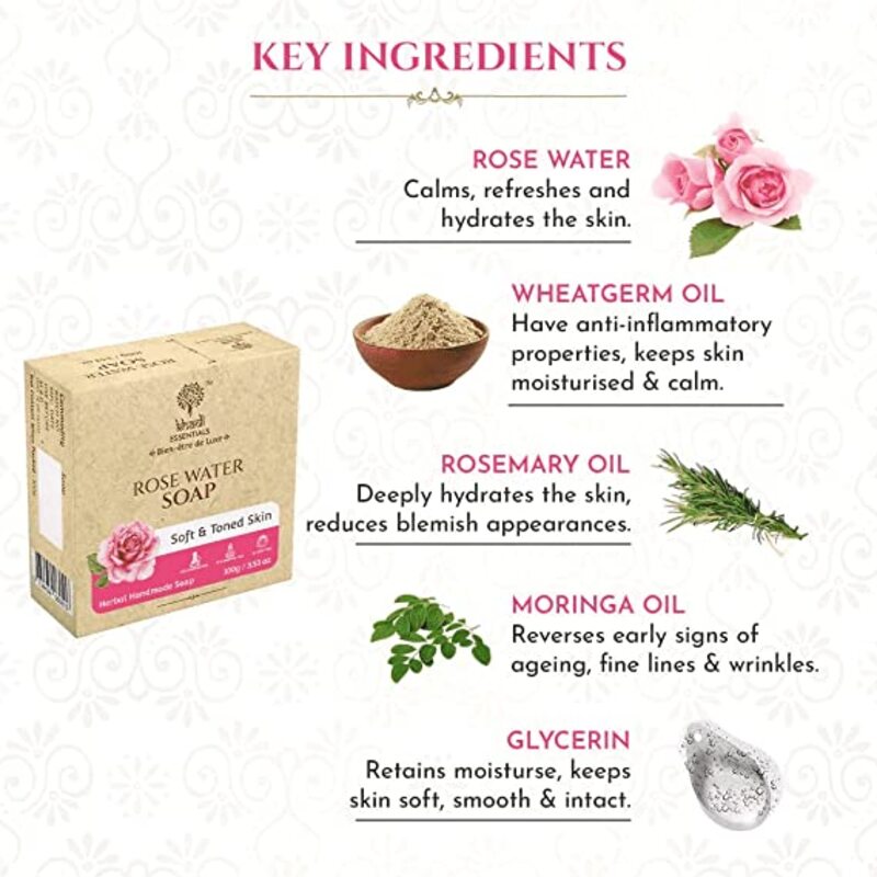 Khadi Essentials Rose Water Soap For Soft And Toned Skin, 100gm (Pack of 3)