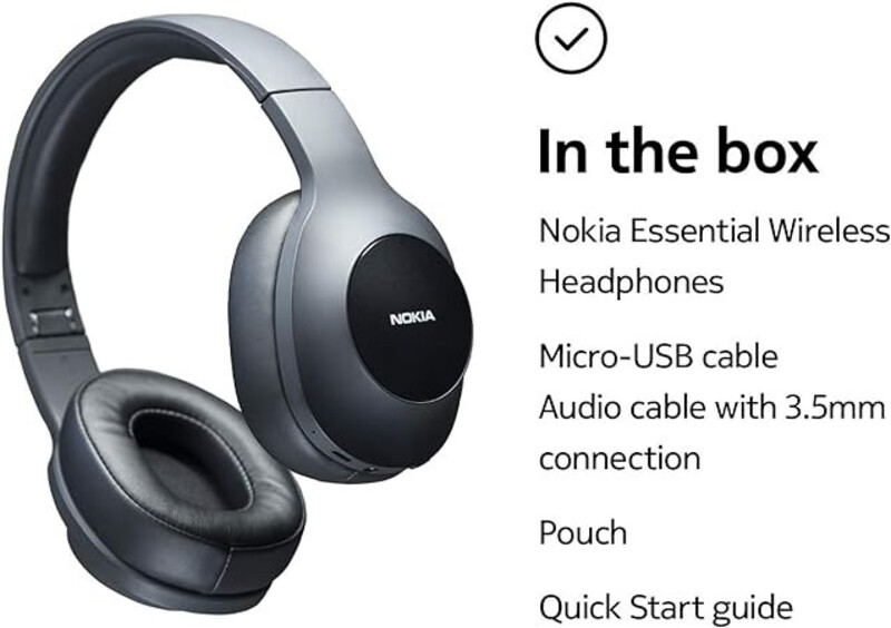 Nokia E1200 Essential Wireless Headphones On-Ear Headphones with Foldable Headband Bluetooth 5.0 Compatible 40Hrs Wireless Playtime Black