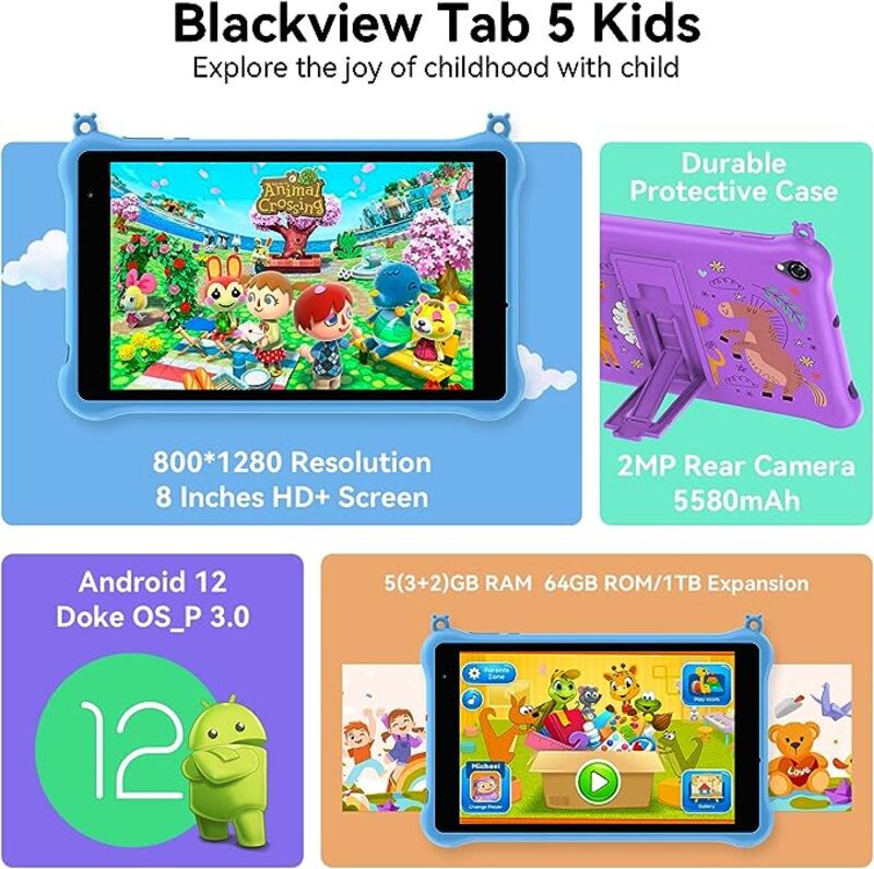 Blackview Tab 5 Kids 8" HD+ Display 3GB/64GB + 2GB Extended Memory (Total 5GB RAM), 5580mAh Battery, Android 12 - Blue