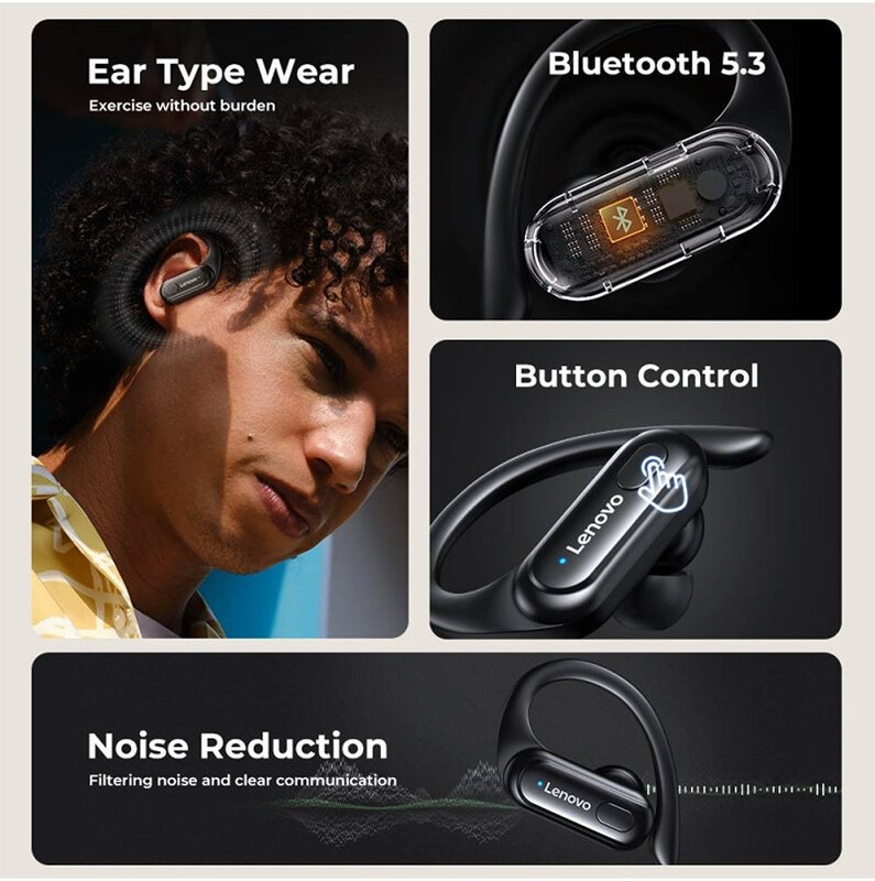 Lenovo XT60 True Wireless Bluetooth Headphone, Button Control, Noise Reduction, Digital Display, Up to 6 Hours Battery Life, Waterproof with Mic Headset, Bluetooth 5.3, Waterproof, Black