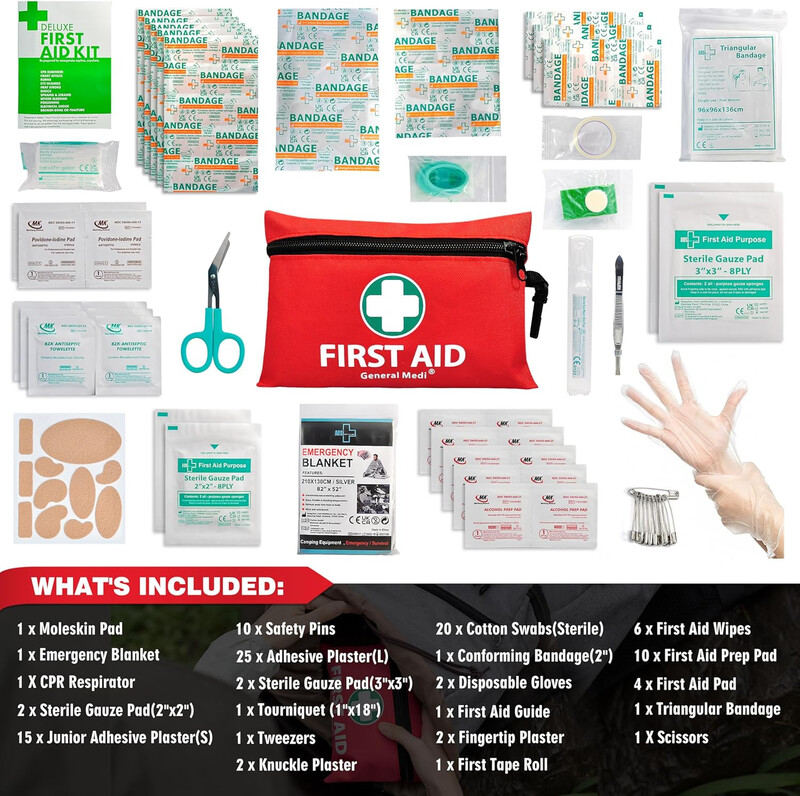 General Medi Mini First Aid Kit, 110 Piece Small First Aid Kit - Includes Emergency Foil Blanket, Scissors for Travel, Home, Office, Vehicle, Camping, Workplace & Outdoor (Red)