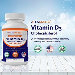Vitamatic Vitamin D3 50,000 IU (as Cholecalciferol), Once Weekly Dose, 1250 mcg, 60 Veggie Capsules
