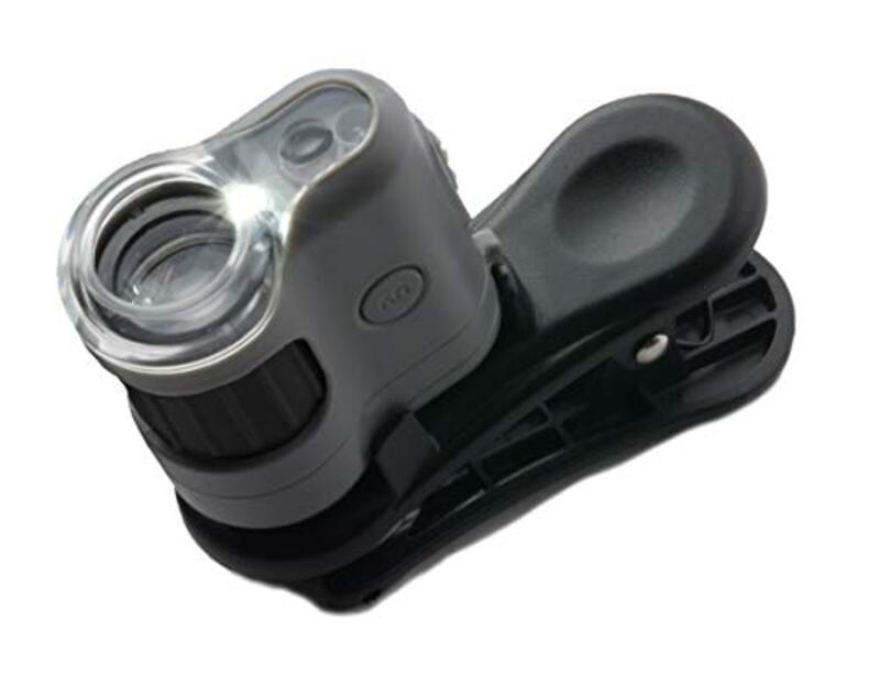 Carson Micro Mini 20x LED Pocket Universal Digi scoping Adapter Clip with Built-in UV Flashlight for Smartphones, Black/Grey