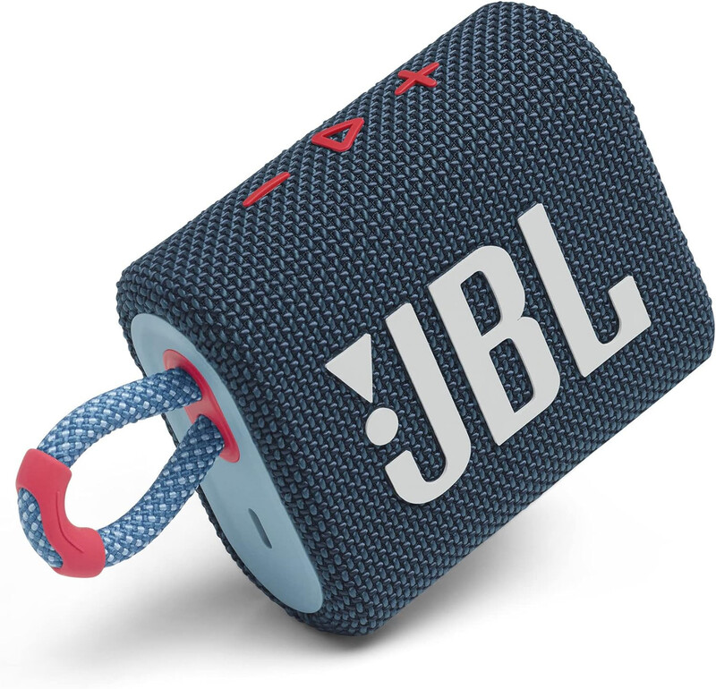 JBL Go 3 Portable Waterproof Speaker with JBL Pro Sound, Powerful Audio, Punchy Bass, Ultra-Compact Size, Dustproof, Wireless Bluetooth Streaming, 5 Hours of Playtime - Blue/Pink, JBLGO3BLUP, Small
