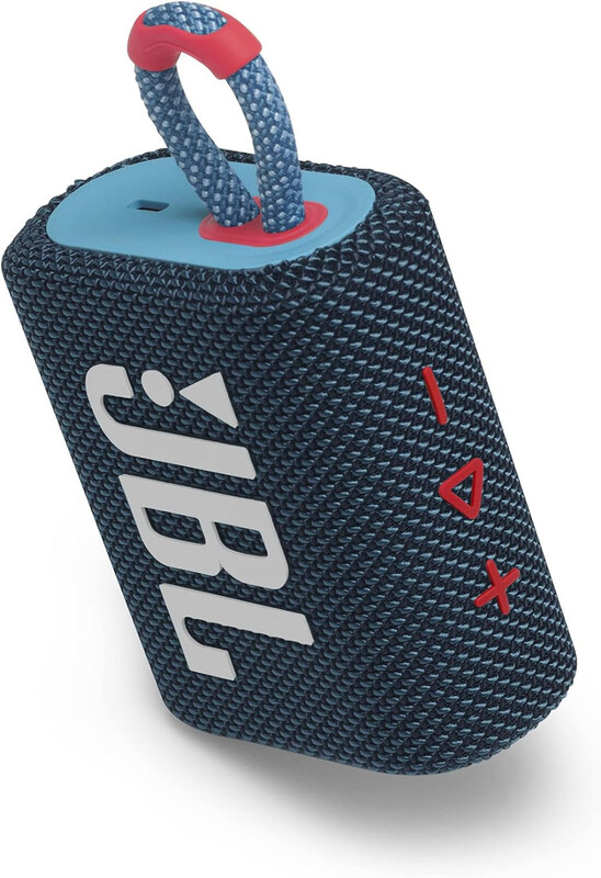 JBL Go 3 Portable Waterproof Speaker with JBL Pro Sound, Powerful Audio, Punchy Bass, Ultra-Compact Size, Dustproof, Wireless Bluetooth Streaming, 5 Hours of Playtime - Blue/Pink, JBLGO3BLUP, Small