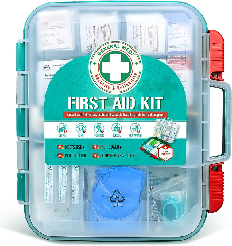 General Medi 420 Pieces Professional First Aid Kit - HardCase First Aid Box - Contains Premium Medical Supplies for Travel, Home, Office, Vehicle, Camping, Workplace & Outdoor