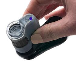 Carson Micro Mini 20x LED Pocket Universal Digi scoping Adapter Clip with Built-in UV Flashlight for Smartphones, Black/Grey