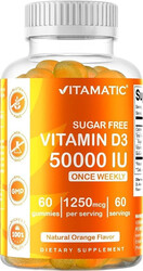 Vitamatic Sugar Free Vitamin D3 50,000 IU Weekly Supplement - 60 Pectin Based Gummies - Vitamin D Capsules for Bones, Teeth, and Immune Support