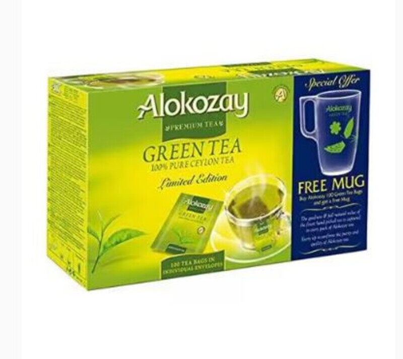 

Alokozay Green Tea 100% Pure Ceylon Teabags With Mug 100 Tea Bags