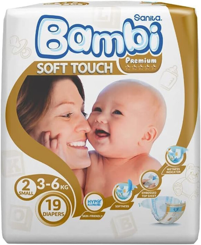 Sanita Bambi Baby Diapers Regular Pack Size 2, Small, 3-6 Kg, 19 Count
