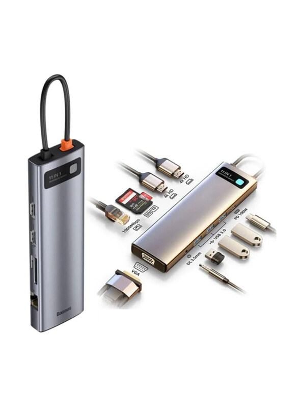 

Generic Baseus 11-in-1 USB C Hub for HDMI/PD 100W/Gigabit Ethernet/VGA/SD/TF Card Reader, Grey
