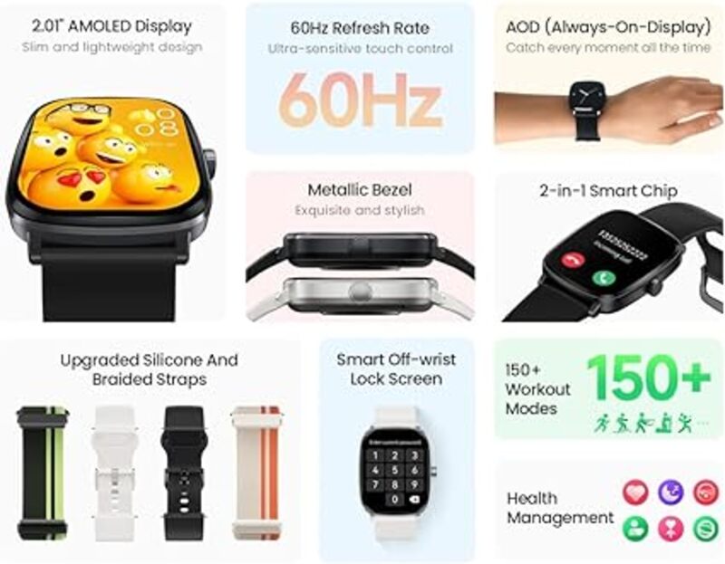 Haylou RS5 Smartwatch 2 01 AMOLED Display Bluetooth Calling Sports Health عمر بطارية طويل - أسود