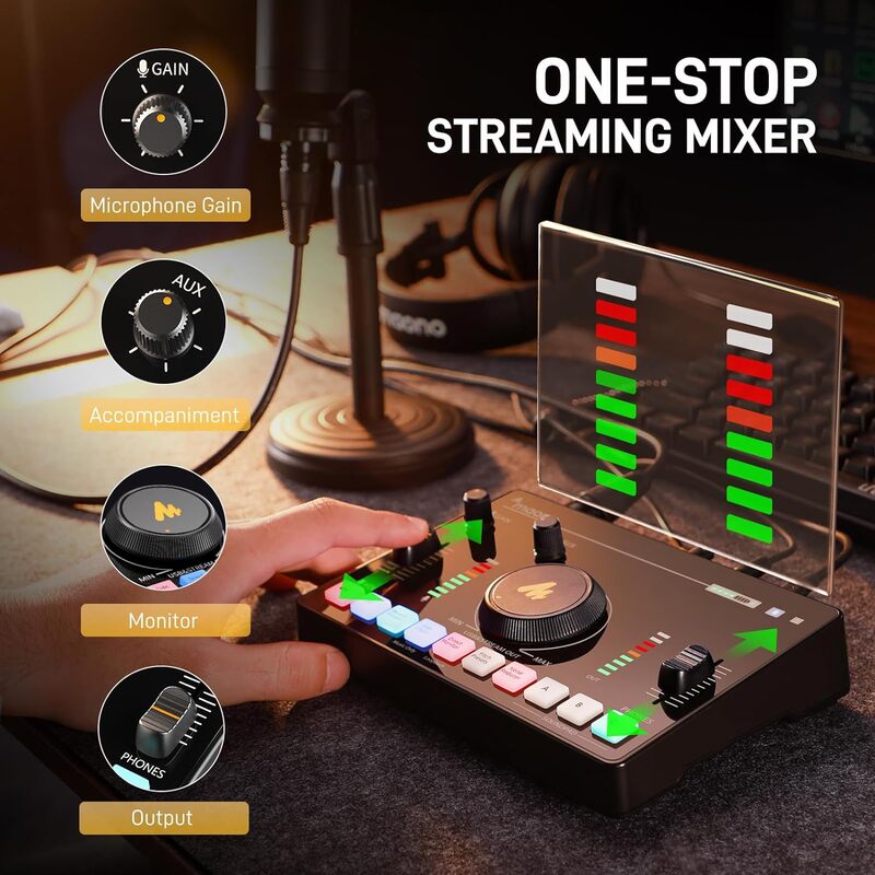 MAONO Streaming Audio Mixer واجهة الصوت مع Pro-preamp Bluetooth، بطارية مدمجة، إلغاء الضوضاء، طاقة فانتوم 48 فولت للبث المباشر، تسجيل البودكاست، الألعاب MaonoCaster AMC2 NEO