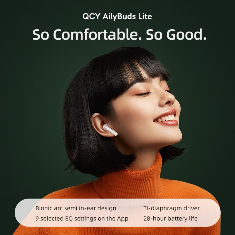 سماعات أذن QCY T29 Ailybuds Lite لاسلكية حقًا مع تصميم قوس بيونيك، اتصال بلوتوث قوي 53، عمر البطارية 28 ساعة، 68 مللي ثانية، زمن استجابة منخفض، أبيض