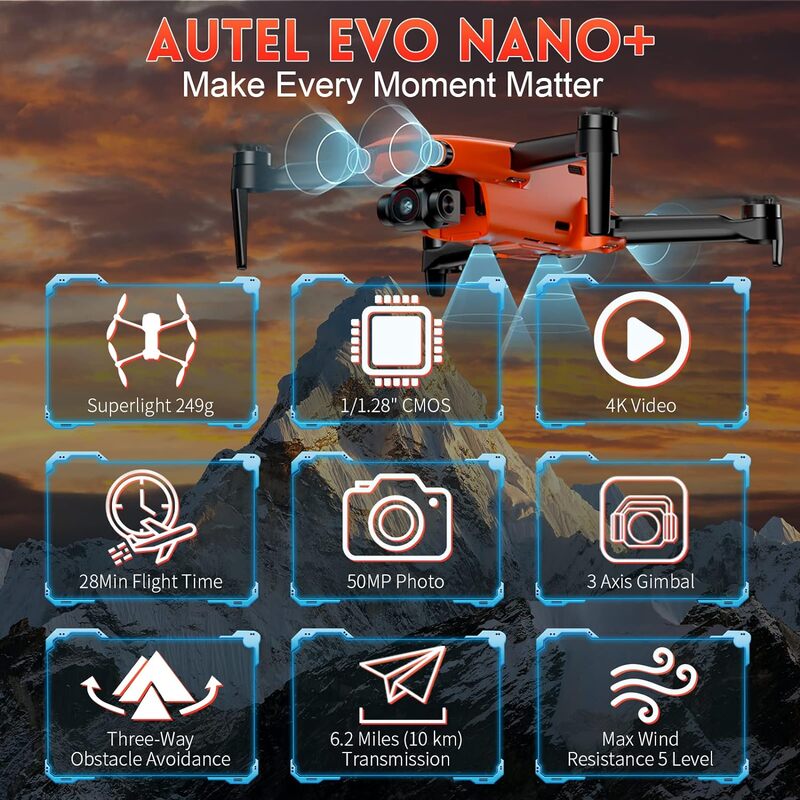 Autel Robotics EVO Nano Premium Bundle  249g Mini Drone with 4K Camera 3Way Obstacle Avoidance Quadcopter UAV 50MP Photo 10KM HD Video Transmission PDAF CDAF Focus Nano Plus Drone Orange