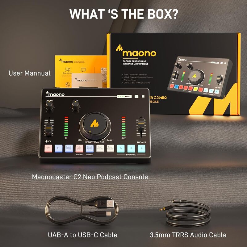 MAONO Streaming Audio Mixer واجهة الصوت مع Pro-preamp Bluetooth، بطارية مدمجة، إلغاء الضوضاء، طاقة فانتوم 48 فولت للبث المباشر، تسجيل البودكاست، الألعاب MaonoCaster AMC2 NEO