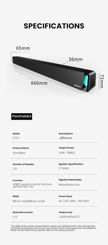 Jiekemi S301 Bluetooth Soundbar MovieMusic Mode With RGB Ambient Lights Multifunctional Sound Quality Deep Bass Slim Body Wireless Speaker HDMIUSBBTAUX Bluetooth Speaker  Black