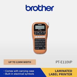 BROTHER PT E110VP طابعة ملصقات محمولة للكهربائيين وتركيبات الشبكات، لوحة مفاتيح باللغة الإنجليزية والعربية الفارسية، ملصق يصل إلى 12 مم، برتقالي صغير