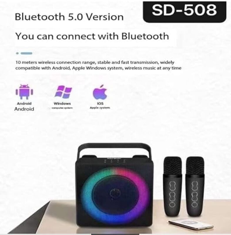 SDRD مكبر صوت بلوتوث لاسلكي مع 2 ميكروفونات آلة كاريوكي محمولة SD 508 لون أسود