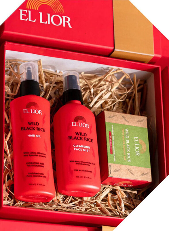 

El Lior Wild Black Rice Hair Oil and Face Mist and Triple Butter Bathing Bar Hydration Luxe Set for All Hair Types, 3 Pieces