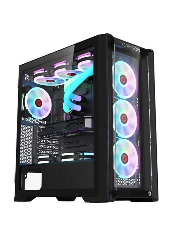 

Generic Gameon Vortex Midnight Series ARGB+PWM Lighting 0.8mm Tempered Glass Pre installed 4 RGB Fans Computer Dust Filters Mid Tower PC Gaming Case, Black