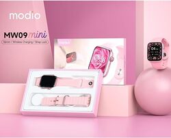 Modio MW09 Mini 36MM Smart Watch With 2 Pair Straps and Wireless Charger For Ladies and Girls Pink