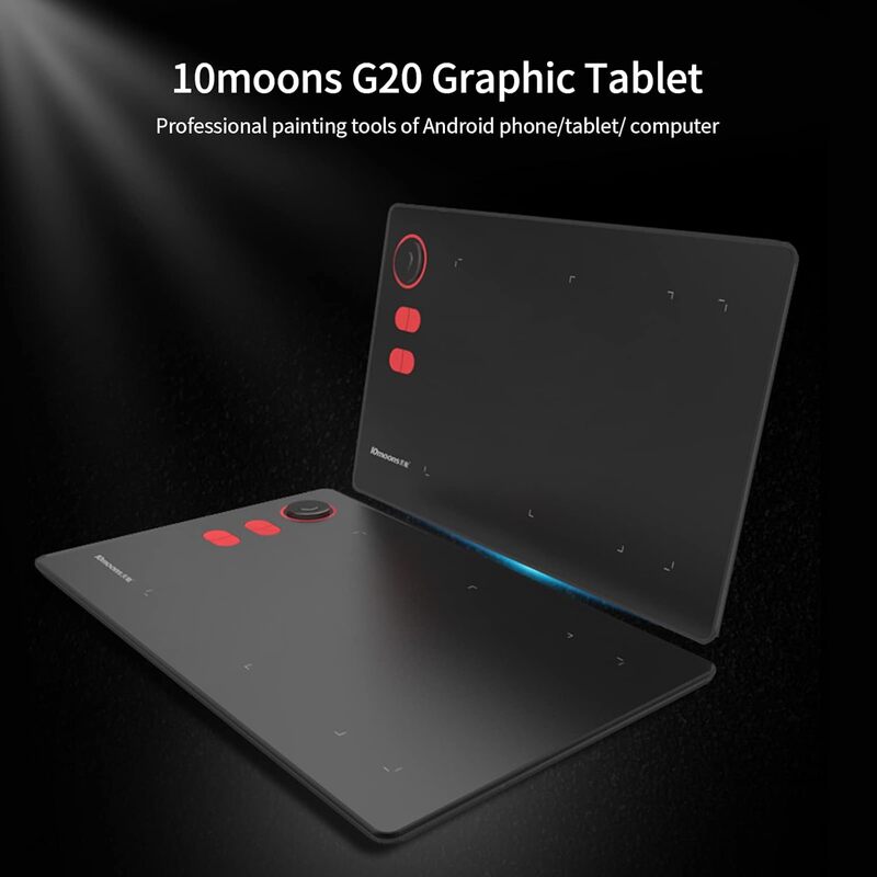 تابلت الرسومات، Qolam 10moons G20 تابلت رسم الرسومات فائق الخفة لإنشاء الفن الرقمي مع قلم خالٍ من البطارية و8 رؤوس أقلام و8192 مستوى ضغط و12 مفتاحًا سريعًا