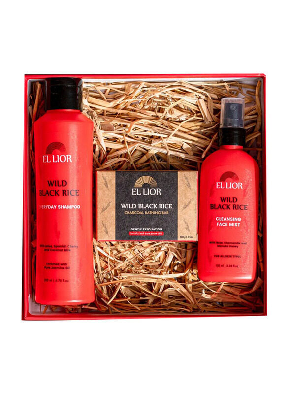 

El Lior Wild Black Rice Shampoo and Face Mist and Charcoal Bathing Bar Detox Set for All Hair Types, 3 Pieces