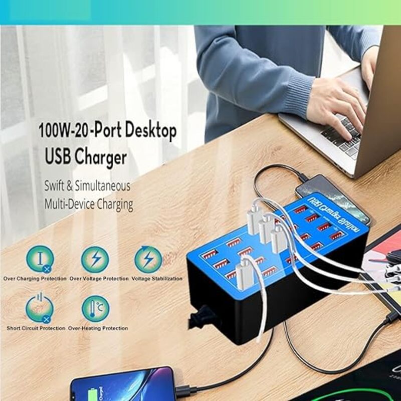 Kalakila 20Port Multi Ports USB Charger100W MultiUSB Charging Station MultiPort USB Charger with Smart Detection to charge smartphones tablets and other USB devices.