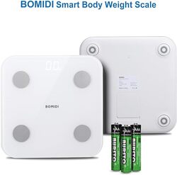 مقياس وزن الدهون في الجسم الذكي من Bomidi S1، شاشة LED، بلوتوث 4 0، تطبيق ذكي لتكوين الجسم باللون الأبيض