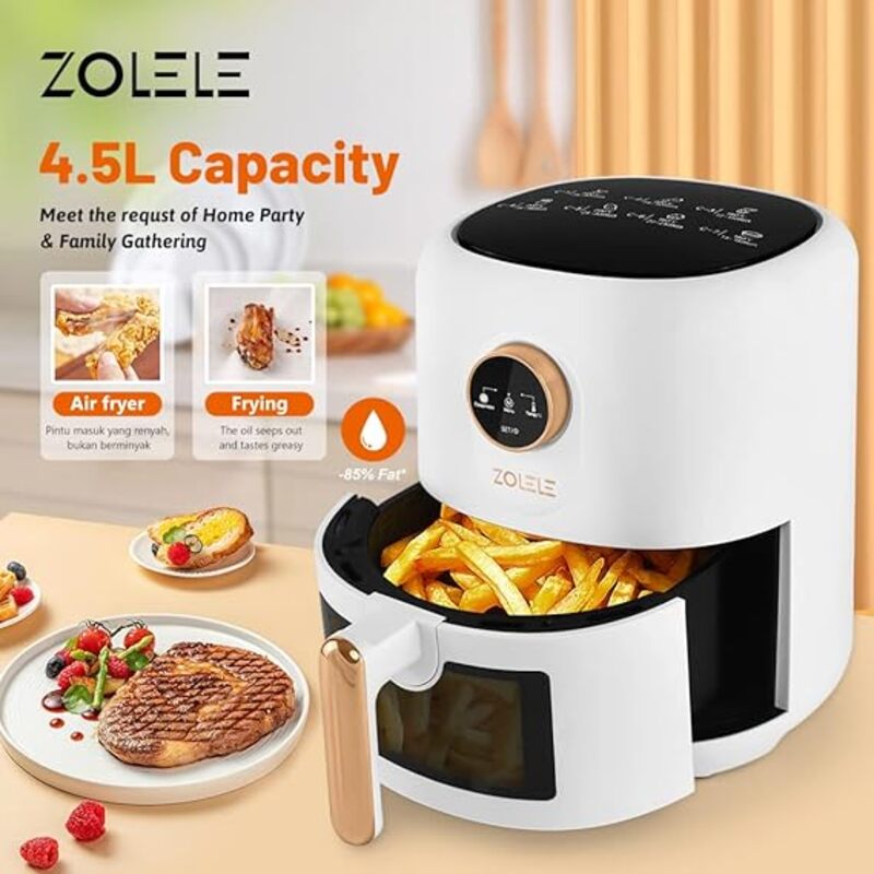 Zolele ZA004 Electric Air Fryer 45L Capacity NonStick Coating Fried Basket Knob Control Temperature Pull Pan Automatic Power Off 1400W Power  WHITE