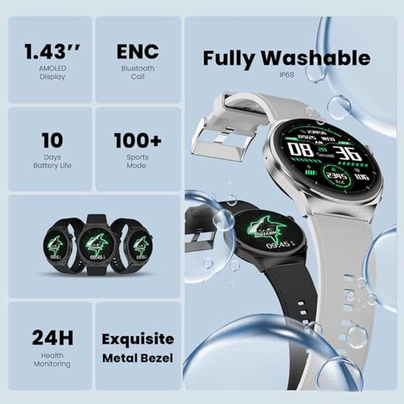 Black Shark S1 Smart Watch 1 43 AMOLED Screen 10 Days Battery Life IP68 Waterproof  Health Monitoring Wireless Charging  Black