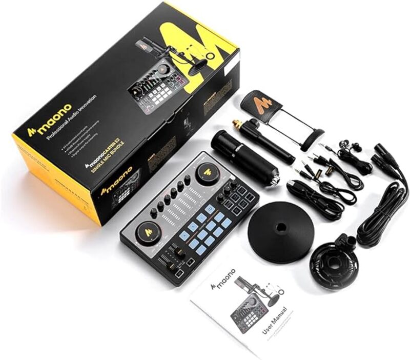 Maonocaster AME2A All In One Podcast Equipment Audio Interface Bundle with XLR Condenser Microphone for Recording  Streaming Voice Over  Youtube PC Guitar - Black