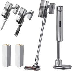UWANT V100 Handle Cordless Vacuum Cleaner Easy to Use With 570W Power4in1 AllRound Base Station 6Layer Filtration Smart LED Screen  Silver Grey