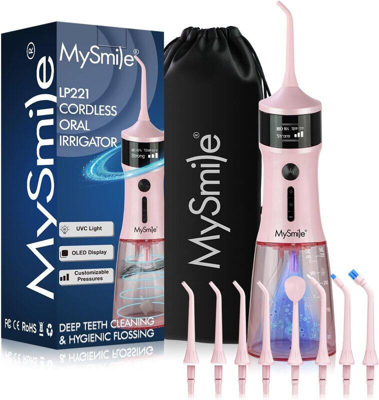 

MySmile LP221 UVC Sterilizable Cordless Water Flossers for Teeth 335ML Portable OLED Display Dental Flosser PINK