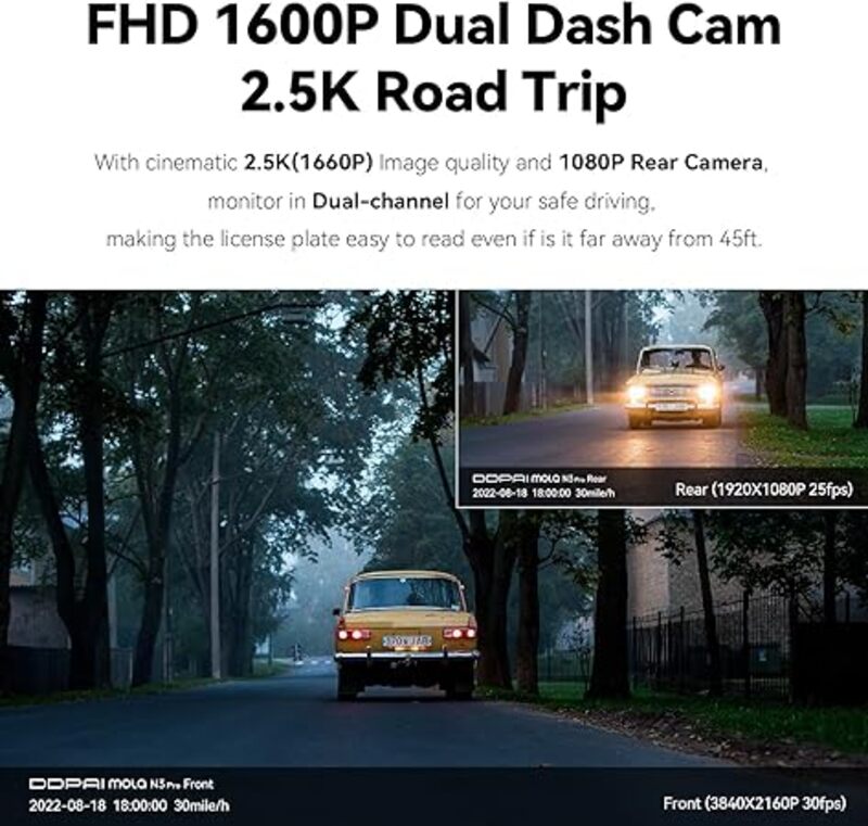 كاميرا DDPAI داش كام أمامية وخلفية 25K كاميرا سيارة 1600P أمامية 1080P كاميرا داش خلفية للسياراتBuiltin WiFi GPS Car Dash CamSony IMX335 Sensor Night VisionWDR24H وضع وقوف السيارات أقصى دعم 512GN3 PRO
