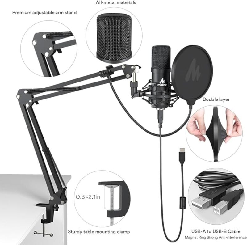 MAONO AU A04 Studio Microphone Kit USB Connection Table Spring Loaded Boom Arm and Pop Filter