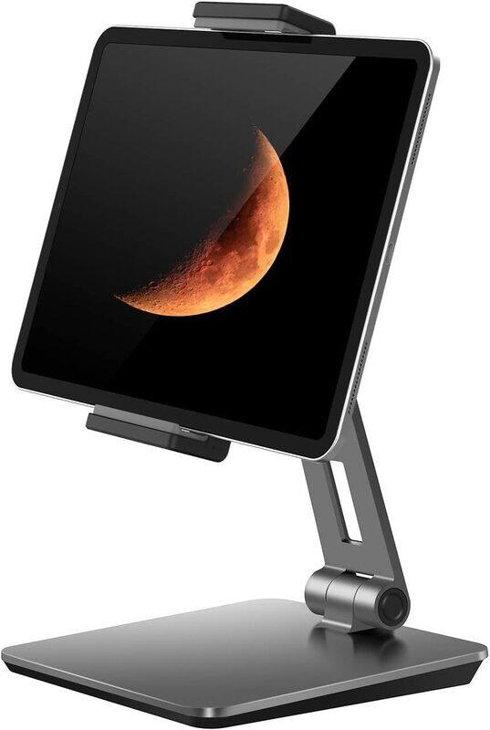

Qincoon Tablet Stand Adjustable Heavy Duty Aluminum Stand 360 Swivel Foldable Holder for iPad, Samsung TabKindleDesign for Desk Kitchen Bedside Office POS Rec