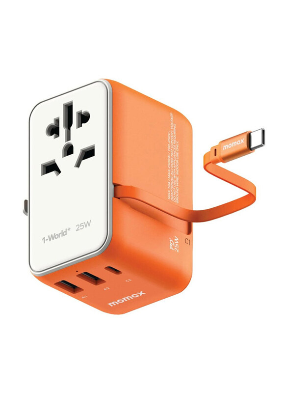 

Momax Universal Power Adapter 25W Built-in USB-C Cable Travel Charger, Orange