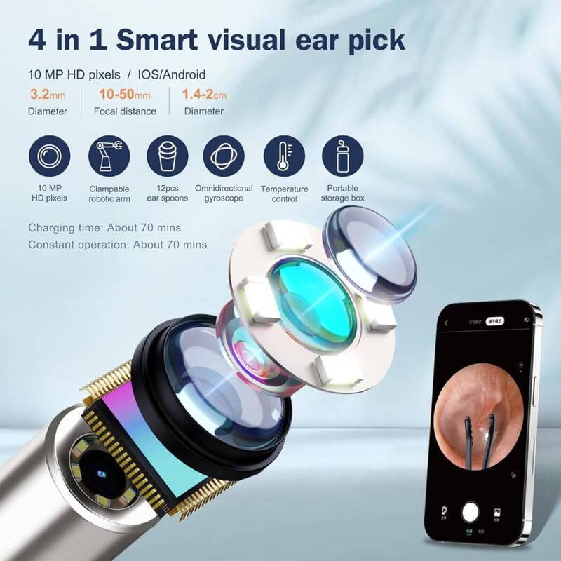 4 in 1 Ear Tweezers with Camera  Ear Camera Otoscope with Light Blue