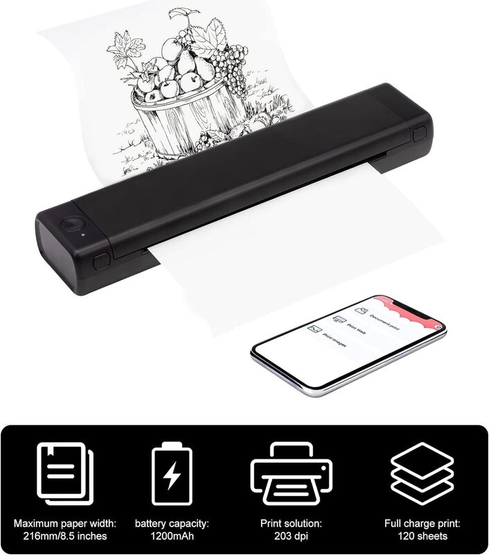 Portable Printer Wireless for Travel Compatible with Android and iOS Phone Laptop Supports 8261 69 A4 Thermal Paper Suitable Bluetooth Thermal Mini Printer for Home Vehincles Office Business