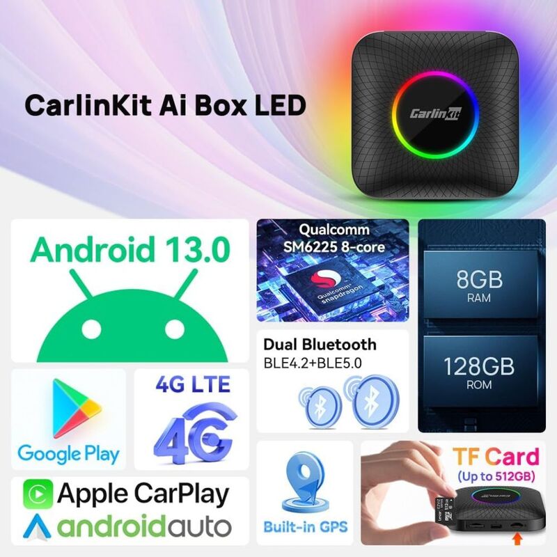 كارلينكيت أندرويد 13 Ai Box 4G LED الإصدار 8 128 جيجابايت