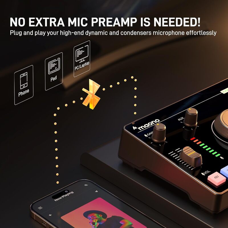 MAONO Streaming Audio Mixer واجهة الصوت مع Pro-preamp Bluetooth، بطارية مدمجة، إلغاء الضوضاء، طاقة فانتوم 48 فولت للبث المباشر، تسجيل البودكاست، الألعاب MaonoCaster AMC2 NEO