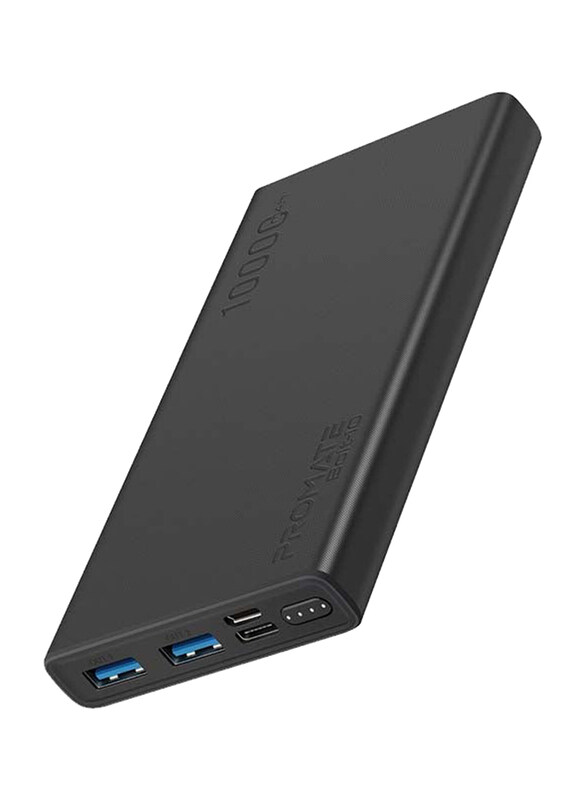 

Promate 10000mAh Compact Smart Charging Power Bank with Dual USB Output, Black