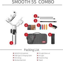 Zhiyun Smooth 5S Combo Professional Gimbal Stabilizer for Smartphone Handheld 3 Axis Phone Gimbal Portable Stabilizer Compatible with iPhone and Android  White