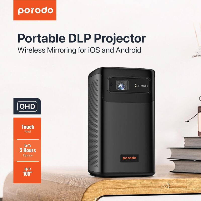 Porodo Portable DLP ProjectorIOS and Android 8000mAh Lithium Battery, 3100Projection Size, Up to 3 Hours Playtime, 180 ANSI Brightness, 16:9 Screen Ratio, and Equipped with a Touch Panel