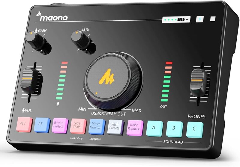 MAONO Streaming Audio Mixer واجهة الصوت مع Pro-preamp Bluetooth، بطارية مدمجة، إلغاء الضوضاء، طاقة فانتوم 48 فولت للبث المباشر، تسجيل البودكاست، الألعاب MaonoCaster AMC2 NEO