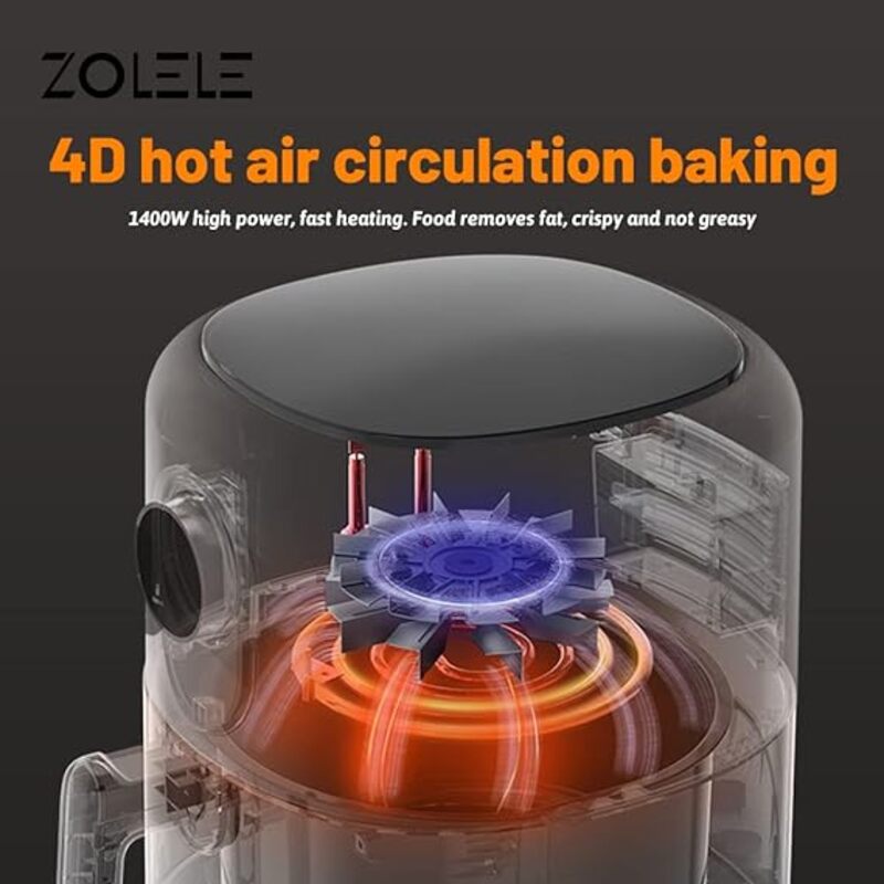 Zolele ZA004 مقلاة هوائية كهربائية بسعة 45 لتر، طلاء غير لاصق، سلة مقلية، مقبض للتحكم في درجة الحرارة، وعاء سحب، إيقاف تشغيل تلقائي، 1400 وات، أبيض