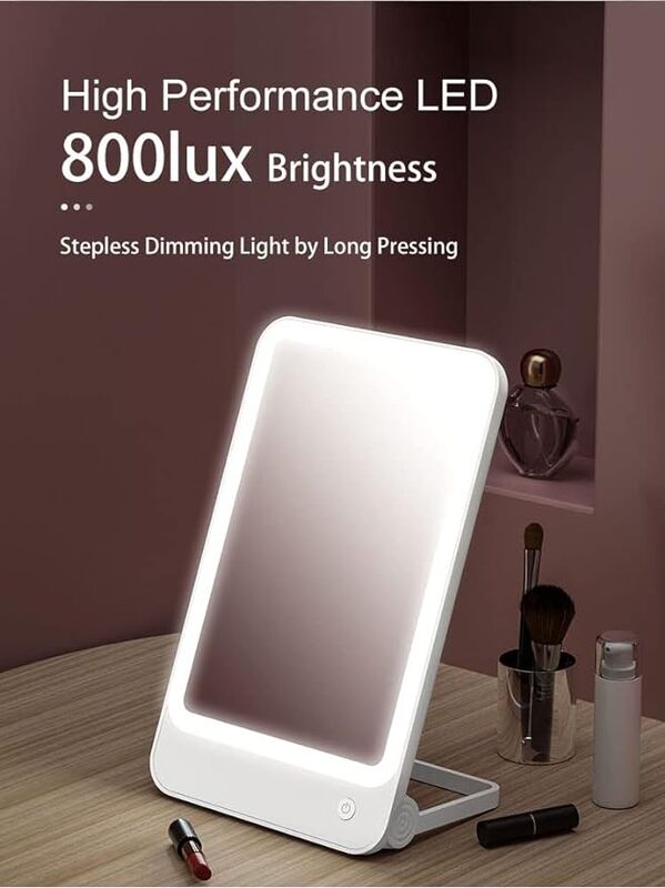 مرآة مكياج بوميدي R1، مرآة بإضاءة LED، 3 مستويات سطوع، ضوء ناعم، مرآة قابلة للشحن، شحن USB باللون الأبيض